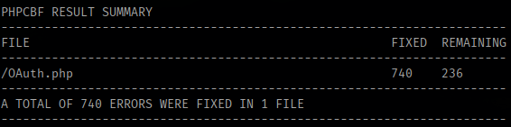 Screenshot de uma execução do PHPCBF corrigindo violações no código
